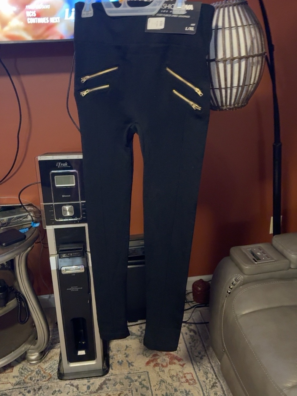 Black High-Waist Skinny Pants with Gold Zipper Detail